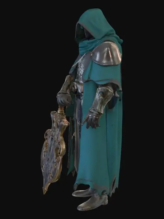 3D model for humanoid rig boss medieval fantasy wearing a cloak teal black wepon in position to use