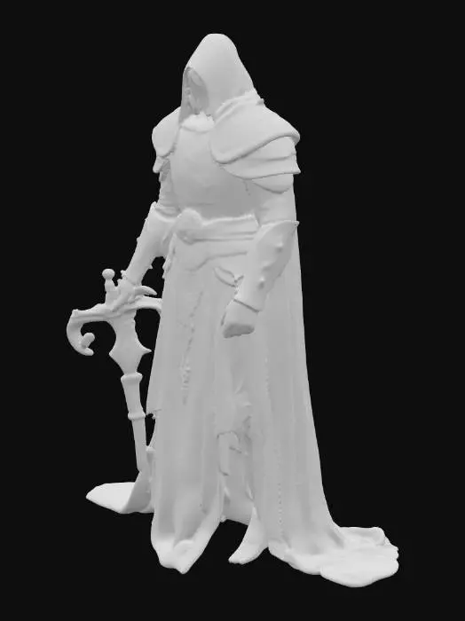 3D model for humanoid rig boss medieval fantasy wearing a cloak teal black wepon in position to use
