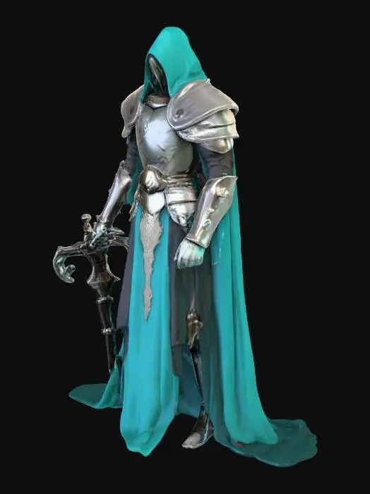 3D model for humanoid rig boss medieval fantasy wearing a cloak teal black wepon in position to use
