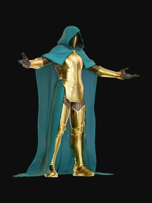 3D model for A wizard sentinel wearing gold Armour and a teal cloak with hood. No weapon.