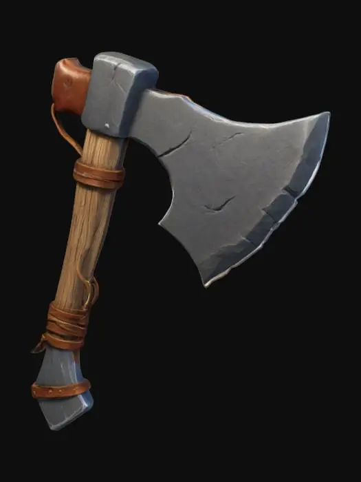 3D model for Stylized stone axe for cutting trees, featuring a sharp gray stone blade tied with leather straps to a sturdy wooden handle. Designed for a cartoony fantasy game, with polished textures, vibrant details, and a glowing magical effect on the blade. Balanced proportions suitable for a resource collection tool.