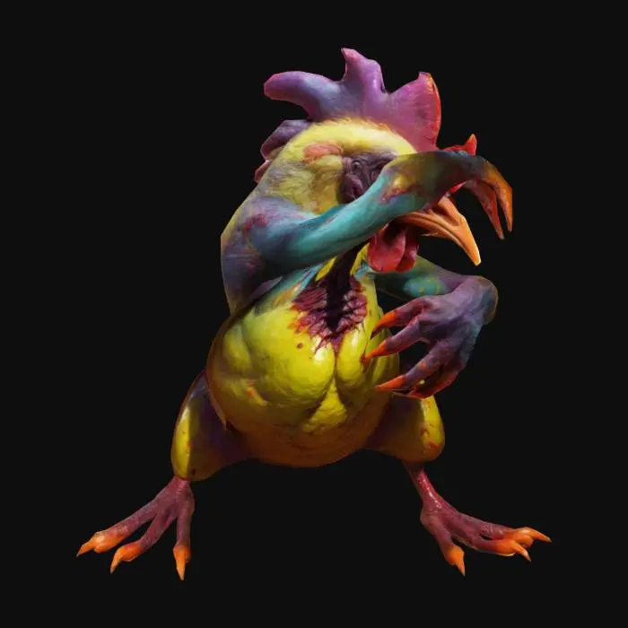 3D model for a super crazy, very rotten, stylized zombie chicken hybrid, with claws, glowing eyes, colorful in the Style of Ed "Big Daddy" Roth, it is raging for blood, exaggerated proportions, designed for a horror game, he has claws on his hands and clawed chicken feet, Art Style: Stylized, highly detailed, vibrant colors slightly muted, well lit, textures and surfaces look distressed with some wear and tear, highest detail