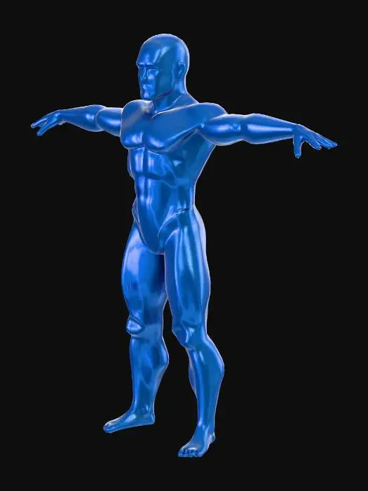 3D model for Un humano hombre esbelto y atlético, con un traje de látex azul cobalto, ceñido al cuerpo, que acentúa su figura. El material presenta un brillo satinado y una textura lisa y elástica, sugiriendo alta resistencia. El diseño es minimalista, con costuras termoselladas apenas visibles, un cuello ergonómico y paneles sutilmente reforzados en articulaciones clave, transmitiendo una sensación de agilidad futurista.