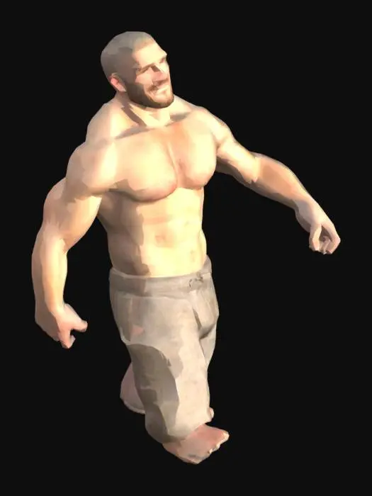 3D model for Chad, male, strong man, muscles, short trim beard, strong jawline, fullbody, smurk, short hair, shaved hair on temples, 