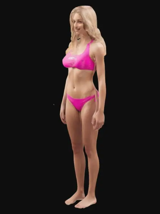 3D model for full body, female, swimwear, athletic, a type, golden ratio, toned abdomen, slight smile, long blonde hair, 25 years old,  