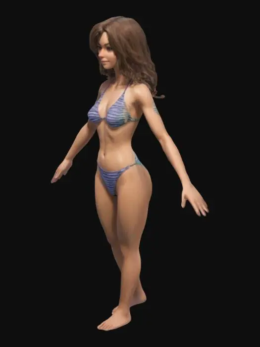 3D model for A-pose female, swimwear, realistic, medium hair length, full body, 