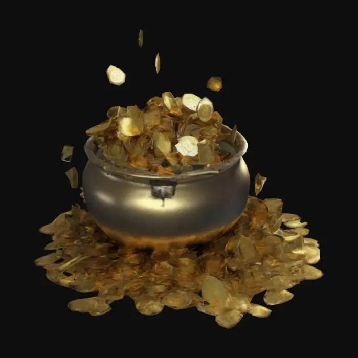 3D model for Crypto, pot of gold, cryptocurrency, overflowing, high-detail, falling coins, filling up, 