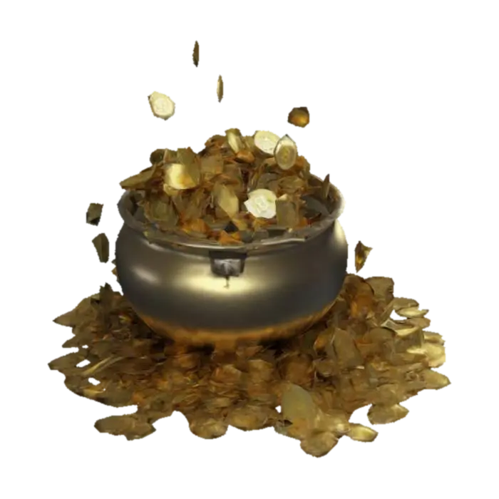 Crypto, pot of gold, cryptocurrency, overflowing, high-detail, falling coins, filling up, 3D model, AI generated