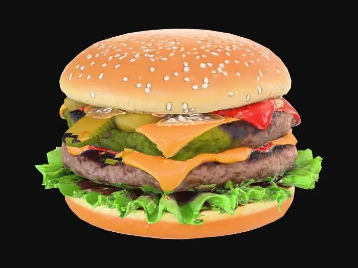 3D model for “A hyper-realistic 3D McDonald’s hamburger with detailed textures. Soft sesame seed bun, slightly shiny with real bread pores. Fresh crisp lettuce, melted American cheese, juicy grilled beef patty with realistic char lines, thin pickle slices, ketchup and mustard visible. Perfect studio lighting, high-detail PBR materials, photorealistic shadows and reflections. No background.”