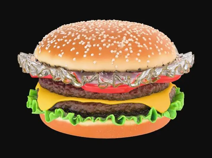3D model for “Ultra-realistic McDonald’s hamburger, highly detailed 3D model with 4K PBR textures. Perfectly toasted sesame bun, juicy beef patty with grill marks, melted cheese slice, fresh lettuce, tomatoes, onions, and pickles. Photorealistic shading, accurate color, crispy edges, realistic reflections, high-quality materials, commercial-quality food render. Studio lighting, clean background.”