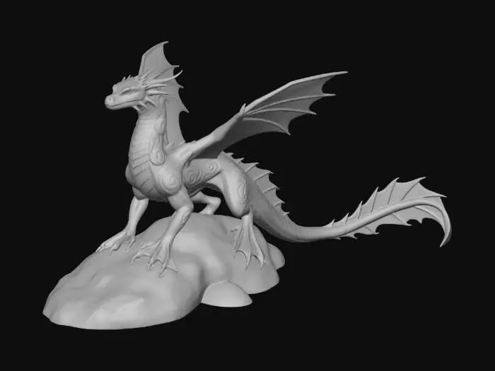 3D model for Create an image of an adult water dragon standing in a lush riverside floodplain landscape. The background features a flowing river, wetlands, and soft greenery. The dragon has four limbs and two wings like a traditional Western dragon, but its design is distinctly aquatic: sleek, fin‑like wings, a long streamlined tail with marine features, and smooth, scale‑covered skin with subtle aquatic patterns. The overall style should emphasize a majestic, mythical creature adapted to a watery environment.