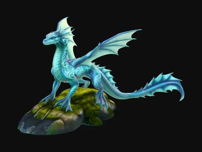 3D model for Create an image of an adult water dragon standing in a lush riverside floodplain landscape. The background features a flowing river, wetlands, and soft greenery. The dragon has four limbs and two wings like a traditional Western dragon, but its design is distinctly aquatic: sleek, fin‑like wings, a long streamlined tail with marine features, and smooth, scale‑covered skin with subtle aquatic patterns. The overall style should emphasize a majestic, mythical creature adapted to a watery environment.