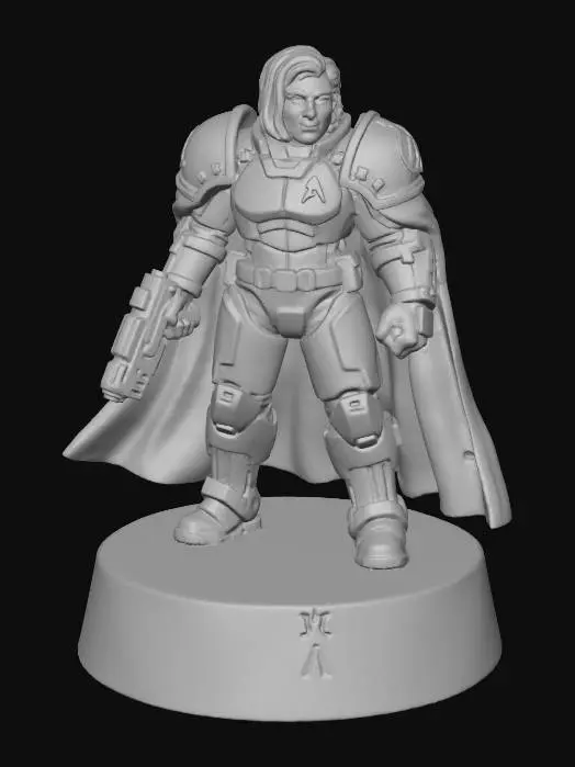 3D model for A 32mm scale 3D-printable miniature of Una Chin-Riley (Number One from Star Trek SNW), depicted as a powerful first officer in Starfleet armor with Warhammer 40k style. She is a strong, athletic human female standing proudly, holding a phaser pistol down at her side. Wears futuristic command-gold accented combat armor (thick shoulder guards, armored boots, Starfleet insignia on chest). Face is stern with a confident expression. Possibly a flowing coat or cape attached for effect (touching the base for support). High detail and heroic scale proportions. Standing on a round base with a subtle engraved queen chess symbol.