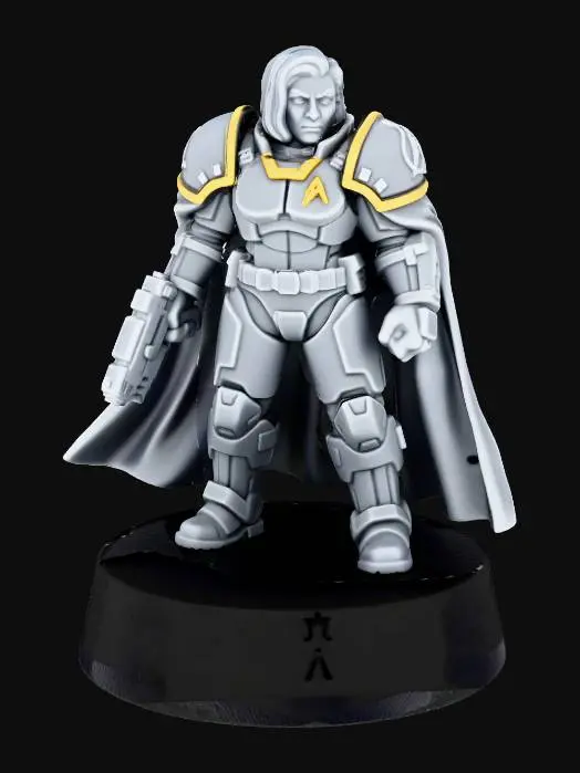 3D model for A 32mm scale 3D-printable miniature of Una Chin-Riley (Number One from Star Trek SNW), depicted as a powerful first officer in Starfleet armor with Warhammer 40k style. She is a strong, athletic human female standing proudly, holding a phaser pistol down at her side. Wears futuristic command-gold accented combat armor (thick shoulder guards, armored boots, Starfleet insignia on chest). Face is stern with a confident expression. Possibly a flowing coat or cape attached for effect (touching the base for support). High detail and heroic scale proportions. Standing on a round base with a subtle engraved queen chess symbol.