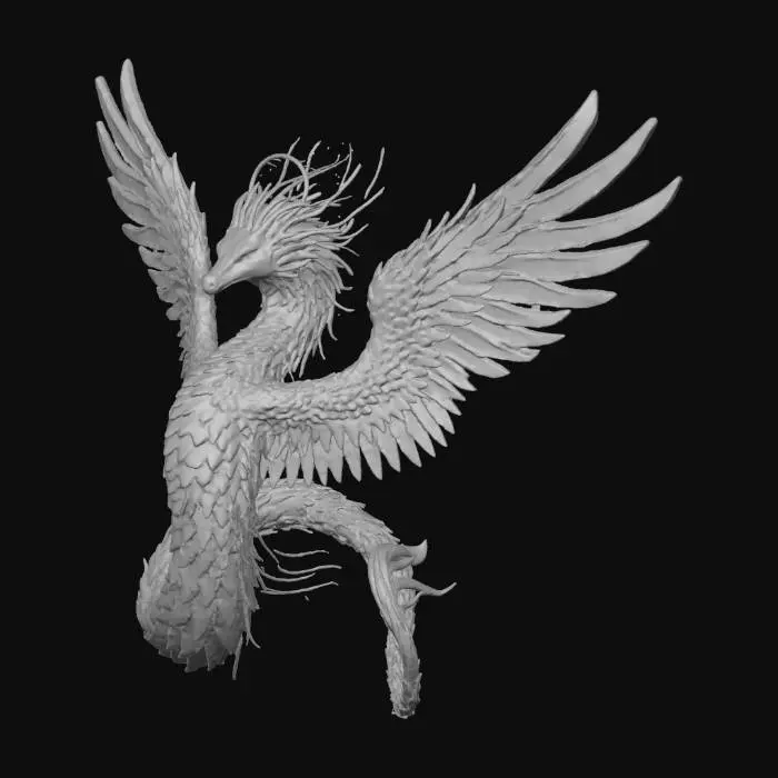 3D model for A majestic celestial dragon soaring gracefully through the heavens, its elongated serpentine body adorned not with scales but with a resplendent plumage of iridescent feathers that shimmer in hues of silver, sapphire, and opal. Each feather is delicate yet radiant, catching the light like fragments of starlight. The dragon’s wings are vast and sweeping, reminiscent of angelic pinions, layered with soft, luminous feathers that ripple with divine energy. Its head is noble and wise, crowned with a halo-like crest of glowing feathers, and its eyes gleam with ancient cosmic knowledge. Trails of ethereal mist swirl around its form as it glides effortlessly through a sky filled with nebulae and constellations, embodying both serenity and power. The atmosphere glows with a celestial aura, casting