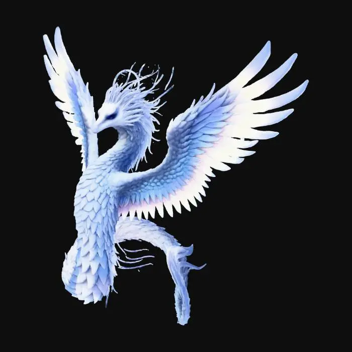 3D model for A majestic celestial dragon soaring gracefully through the heavens, its elongated serpentine body adorned not with scales but with a resplendent plumage of iridescent feathers that shimmer in hues of silver, sapphire, and opal. Each feather is delicate yet radiant, catching the light like fragments of starlight. The dragon’s wings are vast and sweeping, reminiscent of angelic pinions, layered with soft, luminous feathers that ripple with divine energy. Its head is noble and wise, crowned with a halo-like crest of glowing feathers, and its eyes gleam with ancient cosmic knowledge. Trails of ethereal mist swirl around its form as it glides effortlessly through a sky filled with nebulae and constellations, embodying both serenity and power. The atmosphere glows with a celestial aura, casting