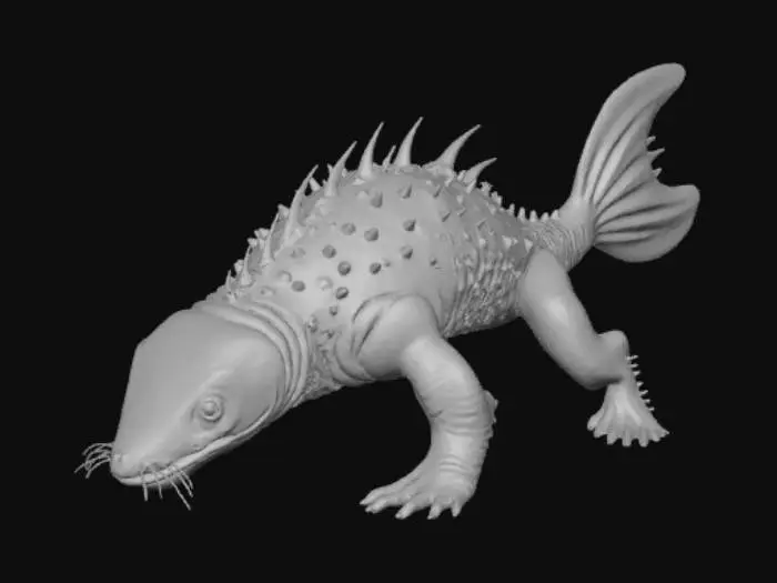 3D model for Unified Cryovid: semi-amphibious, prism-reflective predator adapted to icy waters and tundra. Head streamlined like a seal for low-drag swimming; torso compact and insulating like an Arctic fox for crawling and gliding on ice; forelimbs flexible and undulating like an axolotl for swimming and climbing; hindlimbs sprawling like a walrus for ice locomotion; tail finned like an Arctic char for propulsion and reflective camouflage. Dorsal and lateral prismic nodules resemble cuttlefish, glass frog, and ice plant for optical signaling. Skin is reflective like icefish and UV-tolerant lichen. Squat sections inspired by penguins for energy storage and stability.