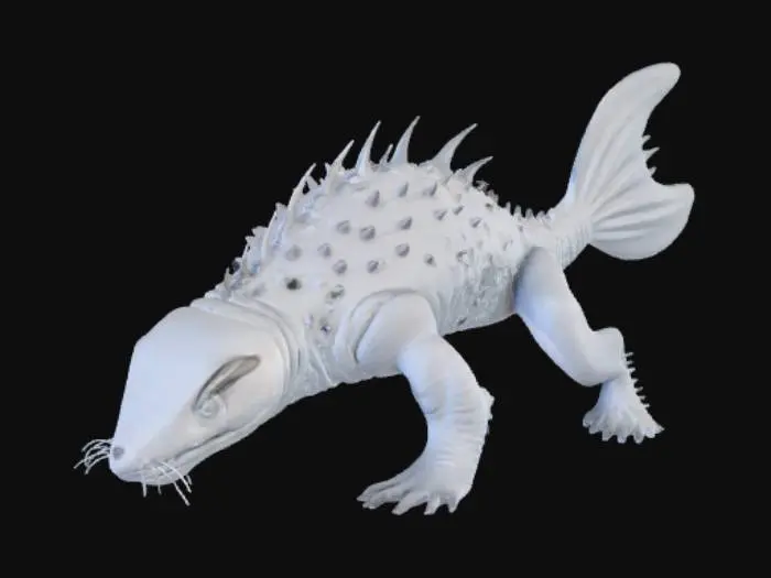 3D model for Unified Cryovid: semi-amphibious, prism-reflective predator adapted to icy waters and tundra. Head streamlined like a seal for low-drag swimming; torso compact and insulating like an Arctic fox for crawling and gliding on ice; forelimbs flexible and undulating like an axolotl for swimming and climbing; hindlimbs sprawling like a walrus for ice locomotion; tail finned like an Arctic char for propulsion and reflective camouflage. Dorsal and lateral prismic nodules resemble cuttlefish, glass frog, and ice plant for optical signaling. Skin is reflective like icefish and UV-tolerant lichen. Squat sections inspired by penguins for energy storage and stability.