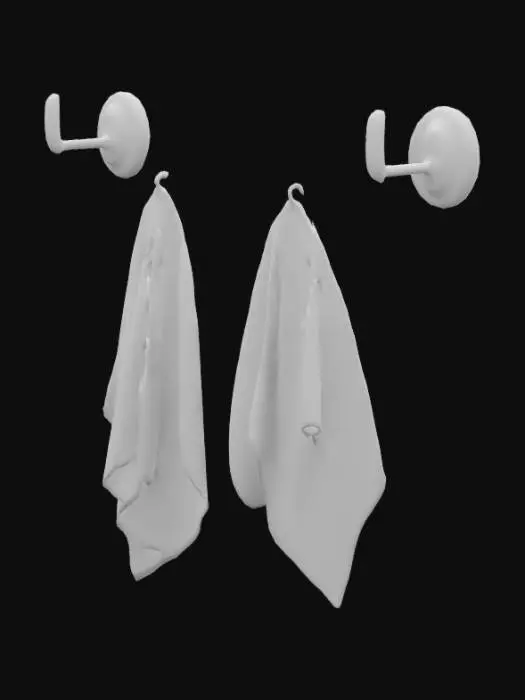 3D model for два старых цветных махровых полотенец висят на крючках одно побольше второе поменьше