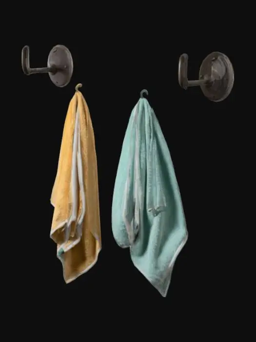 3D model for два старых цветных махровых полотенец висят на крючках одно побольше второе поменьше