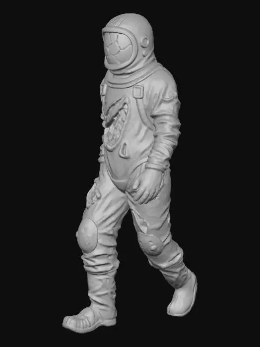 3D model for Um ser humanóide de altura média, envolto em um traje Hazmat sujo e descolorido, em tons de amarelo pálido e cinza-esverdeado, com manchas escuras e rasgos que expõem um tecido interno pulsante. O capacete do traje está visivelmente danificado e vazio, sem vestígios de rosto ou cabeça, apenas uma escuridão abissal onde o vidro deveria estar. A textura do traje é emborrachada e desgastada, contrastando com a superfície orgânica, úmida e avermelhada visível nas aberturas. Ele se move com passos pesados e um ar de abandono, emitindo um farfalhar de tecido rasgado.
