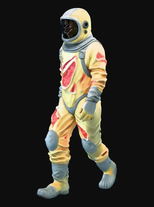 3D model for Um ser humanóide de altura média, envolto em um traje Hazmat sujo e descolorido, em tons de amarelo pálido e cinza-esverdeado, com manchas escuras e rasgos que expõem um tecido interno pulsante. O capacete do traje está visivelmente danificado e vazio, sem vestígios de rosto ou cabeça, apenas uma escuridão abissal onde o vidro deveria estar. A textura do traje é emborrachada e desgastada, contrastando com a superfície orgânica, úmida e avermelhada visível nas aberturas. Ele se move com passos pesados e um ar de abandono, emitindo um farfalhar de tecido rasgado.