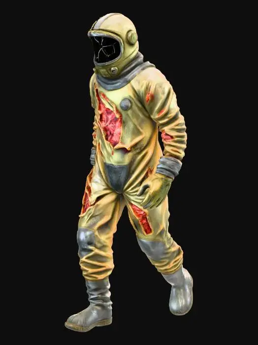 3D model for Um ser humanóide de altura média, envolto em um traje Hazmat sujo e descolorido, em tons de amarelo pálido e cinza-esverdeado, com manchas escuras e rasgos que expõem um tecido interno pulsante. O capacete do traje está visivelmente danificado e vazio, sem vestígios de rosto ou cabeça, apenas uma escuridão abissal onde o vidro deveria estar. A textura do traje é emborrachada e desgastada, contrastando com a superfície orgânica, úmida e avermelhada visível nas aberturas. Ele se move com passos pesados e um ar de abandono, emitindo um farfalhar de tecido rasgado.