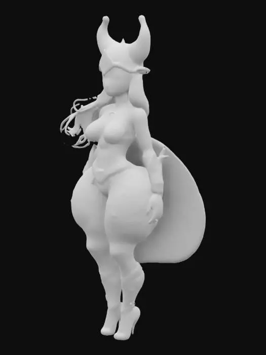 3D model for Watermelon-themed female humanoid. Realistic face (4mm relief), light olive skin, long brown hair. Textured watermelon costume (helmet, strapless dress, gloves, 4mm relief). Exaggerated hips, stylized eyes, gentle expression, large butt. High-heeled boots (embossed logo, 4mm relief). Fantasy, World of Warcraft.