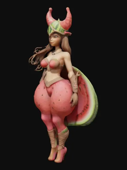3D model for Watermelon-themed female humanoid. Realistic face (4mm relief), light olive skin, long brown hair. Textured watermelon costume (helmet, strapless dress, gloves, 4mm relief). Exaggerated hips, stylized eyes, gentle expression, large butt. High-heeled boots (embossed logo, 4mm relief). Fantasy, World of Warcraft.