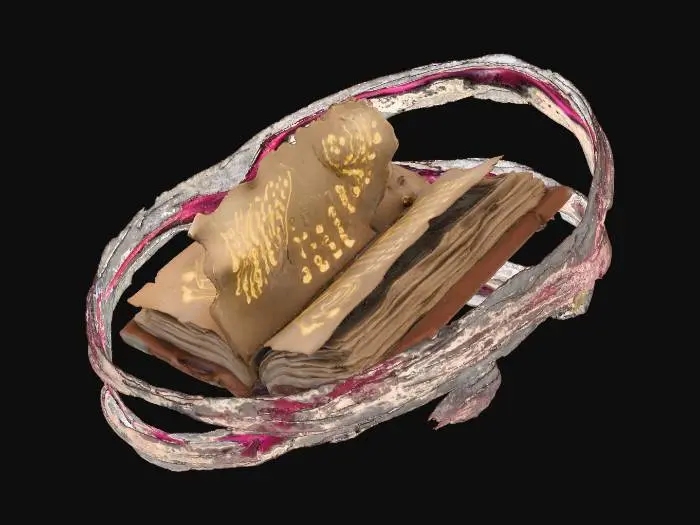 3D model for make me a slightly open book thats floating and with circles of mythic red and black in the air