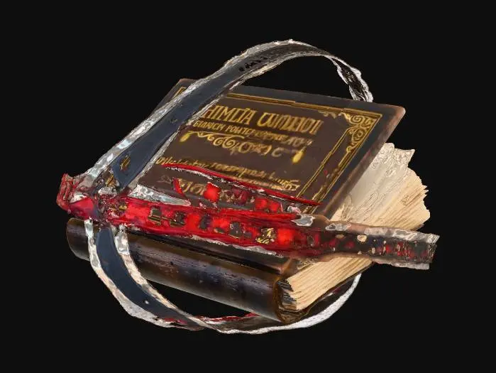 3D model for make me a slightly open book thats floating and with circles of mythic red and black in the air