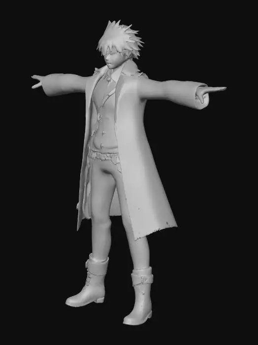 3D model for Create a high-resolution 3D character model of a young male based on the provided image. The model should have arms straight down (T-pose) like a game player character. Transform his outfit into cinematic black tactical-style clothing: a sleek black coat with subtle gold trim, black combat pants, and black boots. His eyes should be glowing golden with cinematic intensity, and his hair styled in a heroic, windswept cinematic fashion, sharp and slightly spiky. The model should feature high-detail textures, realistic shadows, and PBR materials for realistic rendering. Include clean edge loops for animation and rigging. Ensure face is recognizable but stylized slightly like a superhero or action protagonist.