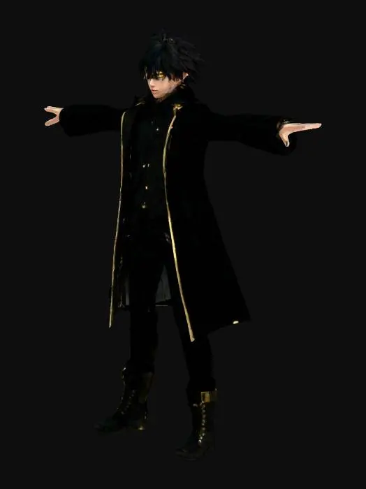 3D model for Create a high-resolution 3D character model of a young male based on the provided image. The model should have arms straight down (T-pose) like a game player character. Transform his outfit into cinematic black tactical-style clothing: a sleek black coat with subtle gold trim, black combat pants, and black boots. His eyes should be glowing golden with cinematic intensity, and his hair styled in a heroic, windswept cinematic fashion, sharp and slightly spiky. The model should feature high-detail textures, realistic shadows, and PBR materials for realistic rendering. Include clean edge loops for animation and rigging. Ensure face is recognizable but stylized slightly like a superhero or action protagonist.