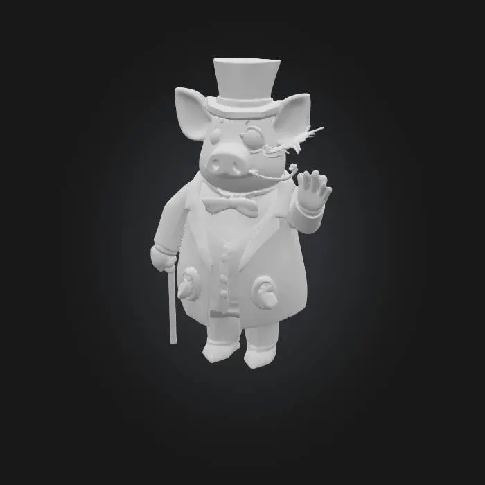 3D model for Whimsical anthropomorphic pig in a vibrant 3D art style, standing in T-pose for rigging and animation. Chubby round body with glossy pink skin, dressed in a teal and purple pinstripe suit with oversized golden buttons and a bright red bow tie. The pig wears a tiny black top hat, a golden monocle, and a curly mustache. Accessories include a diamond-topped cane shaped like a dollar sign (can be placed floating beside the model) and a fat cigar that releases rainbow smoke clouds shaped like dollar symbols (optional prop). Character design should look playful, satirical, and toy-like, with glossy surfaces and vibrant saturated colors. Rendered in whimsical stylized 3D, similar to stylized 3D animation characters. No complex environment, just neutral background for character export.