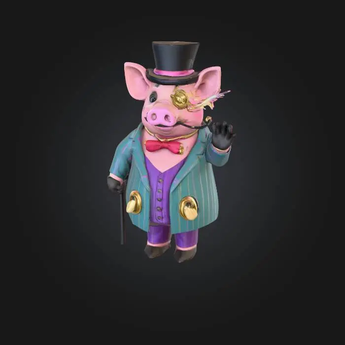 3D model for Whimsical anthropomorphic pig in a vibrant 3D art style, standing in T-pose for rigging and animation. Chubby round body with glossy pink skin, dressed in a teal and purple pinstripe suit with oversized golden buttons and a bright red bow tie. The pig wears a tiny black top hat, a golden monocle, and a curly mustache. Accessories include a diamond-topped cane shaped like a dollar sign (can be placed floating beside the model) and a fat cigar that releases rainbow smoke clouds shaped like dollar symbols (optional prop). Character design should look playful, satirical, and toy-like, with glossy surfaces and vibrant saturated colors. Rendered in whimsical stylized 3D, similar to stylized 3D animation characters. No complex environment, just neutral background for character export.