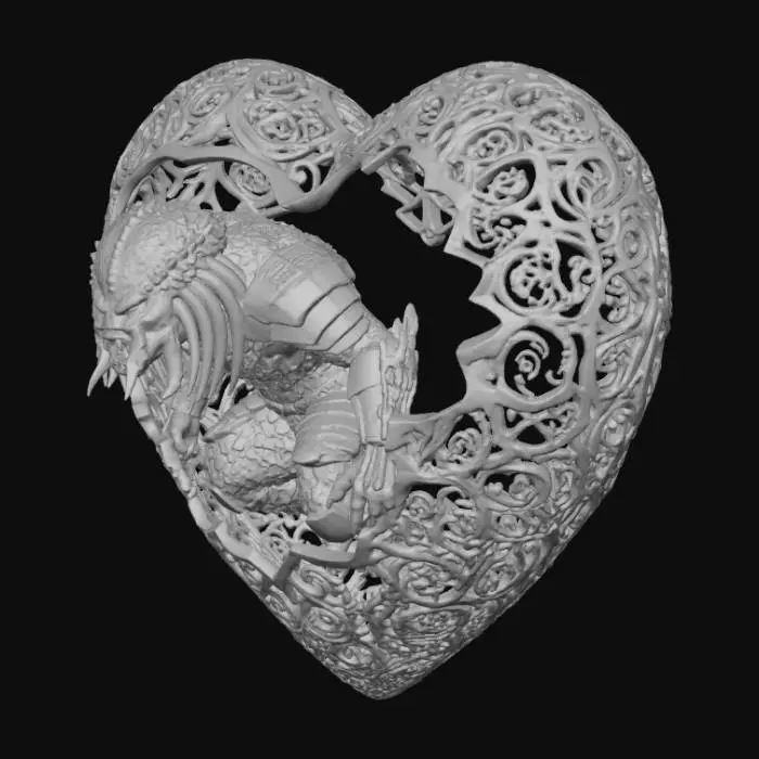 3D model for The Predator sitting inside a heart shaped hollow lace walled ornament with a cutout on the side of the ornament.
