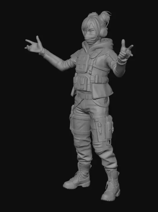 3D model for sci fi, medic unit, healer, female, face mask, purple bun, wielding helmet, facemask, mechanic, cogwheels, cyberpunk, techwear, full body, 3d, dark colors, low poly, fortnite, futuristic, medic cross, t pose