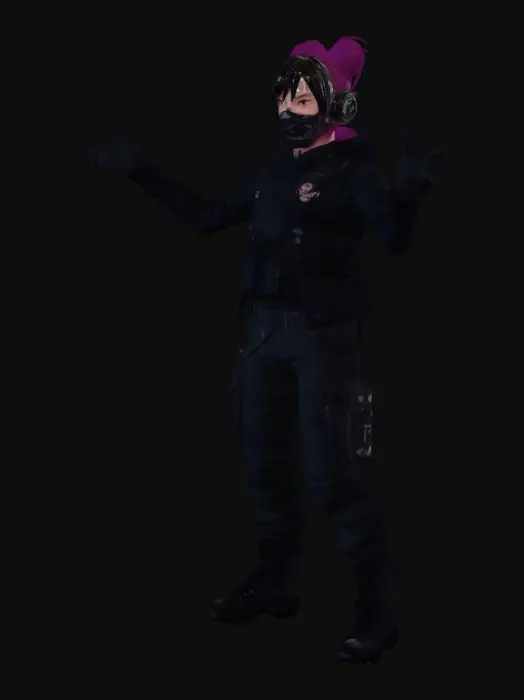 3D model for sci fi, medic unit, healer, female, face mask, purple bun, wielding helmet, facemask, mechanic, cogwheels, cyberpunk, techwear, full body, 3d, dark colors, low poly, fortnite, futuristic, medic cross, t pose