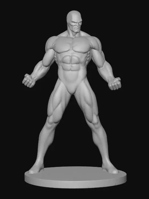 3D model for A highly detailed 3D printable statue of a muscular male superhero, resembling Guardian from Marvel's Alpha Flight. He wears a form-fitting suit, predominantly crisp white and deep red with defined musculature and strong comic-style outlines. The design features a stylized maple leaf emblem across his chest and shoulders. The character's face is partially masked by a white cowl, with a determined expression. This model is optimized for multi-color 3D printing, ensuring distinct material separation and consistent color application for clear, robust results. make sure to get the costume mapped to the model
