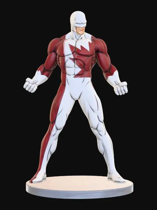 3D model for A highly detailed 3D printable statue of a muscular male superhero, resembling Guardian from Marvel's Alpha Flight. He wears a form-fitting suit, predominantly crisp white and deep red with defined musculature and strong comic-style outlines. The design features a stylized maple leaf emblem across his chest and shoulders. The character's face is partially masked by a white cowl, with a determined expression. This model is optimized for multi-color 3D printing, ensuring distinct material separation and consistent color application for clear, robust results. make sure to get the costume mapped to the model