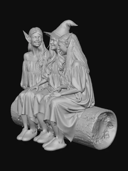 3D model for three elf like figures dressed in sack top and shorts sitting on a log, one efl has a hat on his head, the elfs are drinkink ale and laughing