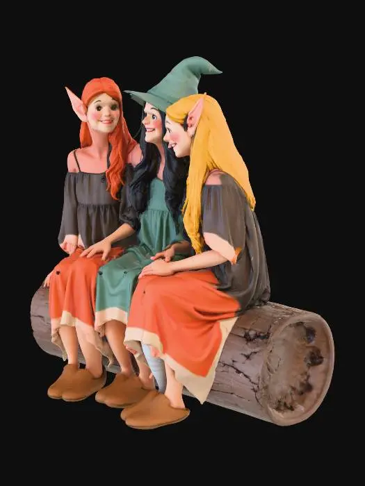 3D model for three elf like figures dressed in sack top and shorts sitting on a log, one efl has a hat on his head, the elfs are drinkink ale and laughing