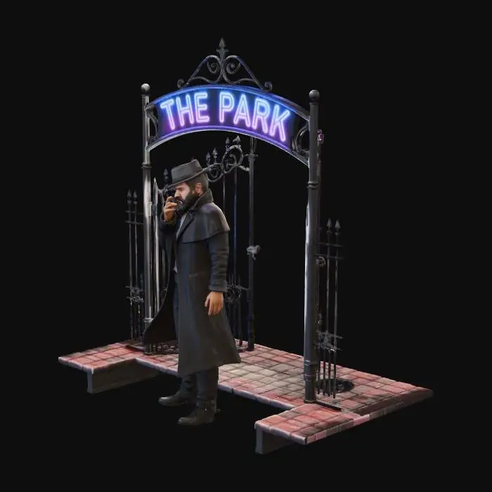 3D model for full figure of a man in a grey hat smoking a cigarette beside a park gate with a sign saying the park