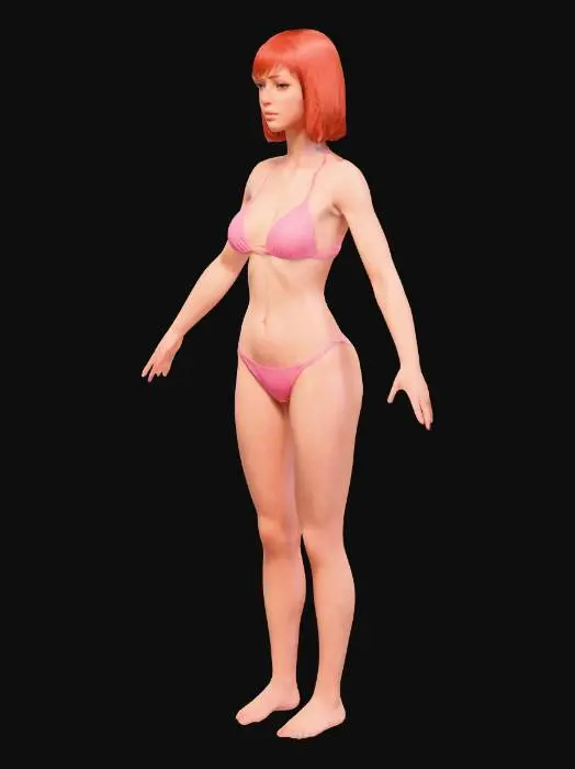 3D model for Standing in the 3D, A- pose of a slim, tall female character in her early 20s. Red bobbed hair, natural skin tone, elegant makeup. With a realistic human anatomy while wearing a pink pastel-toned two-piece swimsuit. Includes PBR texture, detailed bobbed hair, realistic skin shadow, and soft lighting. Optimized for high quality 3D printing.