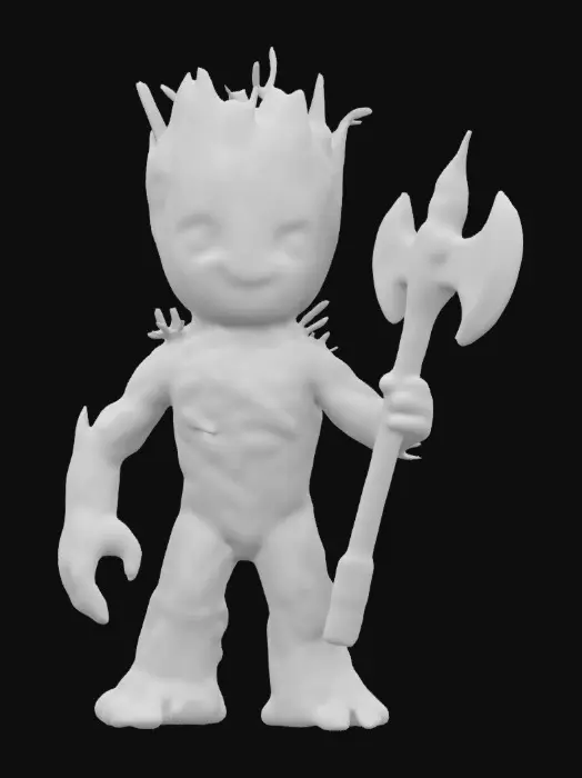 3D model for Groot character from "Guardians of the Galaxy", holding a huge sci-fi style axe in one hand, A-pose, Stylized, #ChronoForgeWeapon#