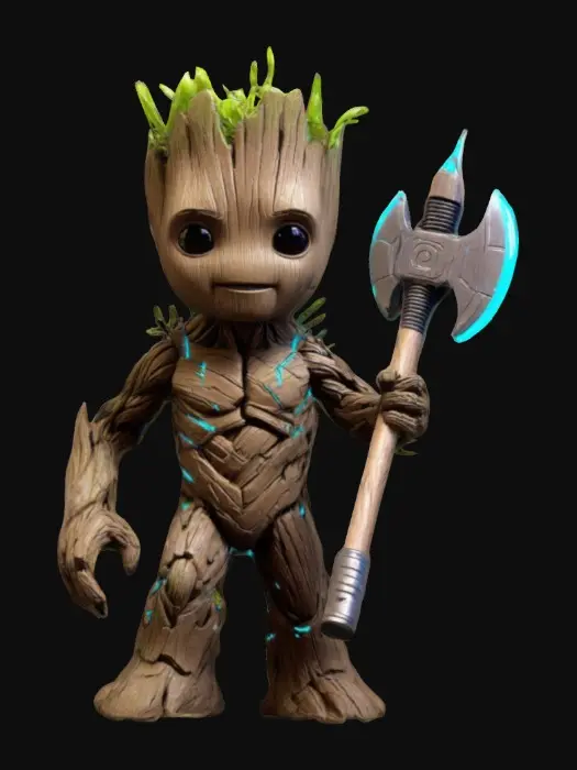 3D model for Groot character from "Guardians of the Galaxy", holding a huge sci-fi style axe in one hand, A-pose, Stylized, #ChronoForgeWeapon#