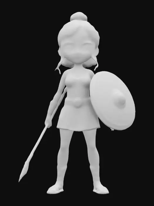3D model for A Pixar-style goddess Athene. She has large, expressive blue eyes and full lips, giving her a striking and captivating look. Her hair is tied in a bun at the back of her head. She wears a short, simple white tunic with a belt and armour. She has sandals on her feet. She holds a lance in one hand and a shield in the other. She is standing in a confident pose. Make sure the character is in A pose and has 5 fingers on each hand.
 #women#, Stylized, Pixar Style, Full Body, A-pose