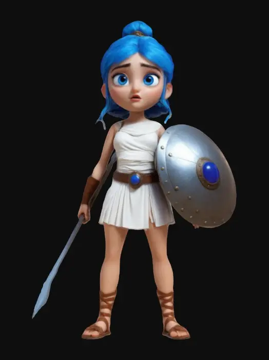 3D model for A Pixar-style goddess Athene. She has large, expressive blue eyes and full lips, giving her a striking and captivating look. Her hair is tied in a bun at the back of her head. She wears a short, simple white tunic with a belt and armour. She has sandals on her feet. She holds a lance in one hand and a shield in the other. She is standing in a confident pose. Make sure the character is in A pose and has 5 fingers on each hand.
 #women#, Stylized, Pixar Style, Full Body, A-pose