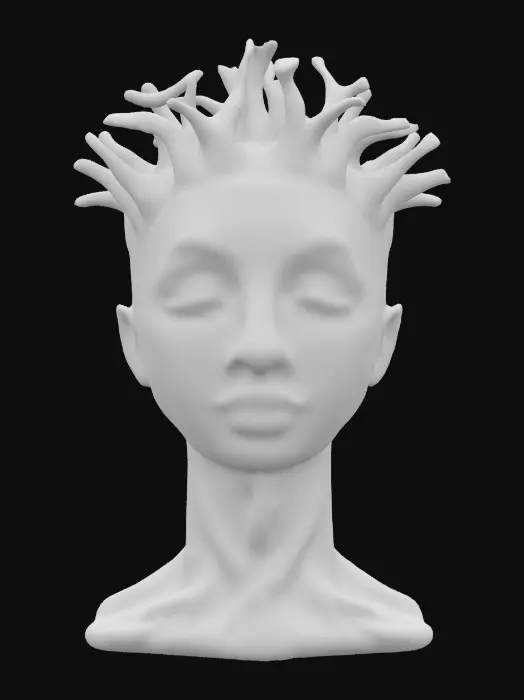 3D model for a striking sculpture of a serene human face with closed eyes, crafted from glossy, pink and lavender mosaic tiles. The face is encircled by a thick, textured ring resembling the inside of a tree trunk, with natural wood tones and hints of purple. Branch-like forms extend from the top and sides, adding a crown-like effect, while the base features organic, root-like extensions. The sculpture beautifully blends smooth, reflective surfaces with rough, natural textures, creating a harmonious fusion of human and nature. Stylized, Highly detailed.