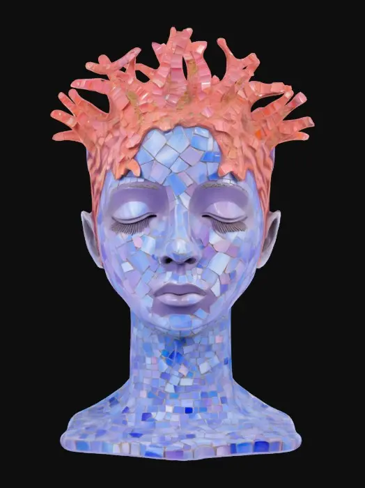 3D model for a striking sculpture of a serene human face with closed eyes, crafted from glossy, pink and lavender mosaic tiles. The face is encircled by a thick, textured ring resembling the inside of a tree trunk, with natural wood tones and hints of purple. Branch-like forms extend from the top and sides, adding a crown-like effect, while the base features organic, root-like extensions. The sculpture beautifully blends smooth, reflective surfaces with rough, natural textures, creating a harmonious fusion of human and nature. Stylized, Highly detailed.